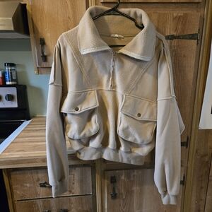 Relaxed Zip-Front Teddy Jacket with Flap Pockets - Beige